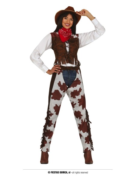 Costume da Cow Girl western con gilet frange e pantaloni macchie per feste a tema
