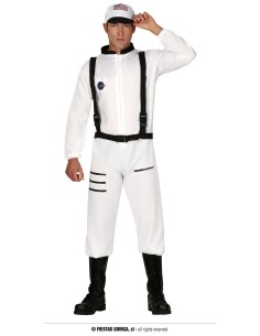 Costume astronauta NASA uomo bianco con tuta spaziale bretelle e cappello per carnevale