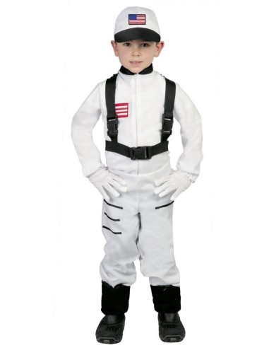 Costume astronauta bambino con tuta bianca, imbracatura nera e cappello spaziale con stemma USA