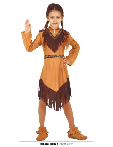 Costume da indiana bambina con vestito ocra frange marroni e fascia per capelli