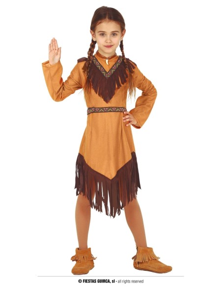 Costume da indiana bambina con vestito ocra frange marroni e fascia per capelli