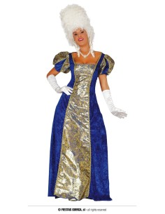 Costume da dama settecentesca blu con corpetto dorato e parrucca bianca per Carnevale