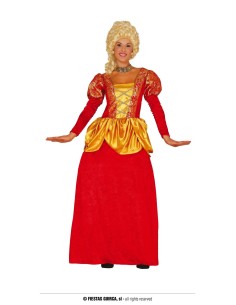 Costume da nobildonna epoca con abito rosso oro e parrucca bionda riccia per feste storiche