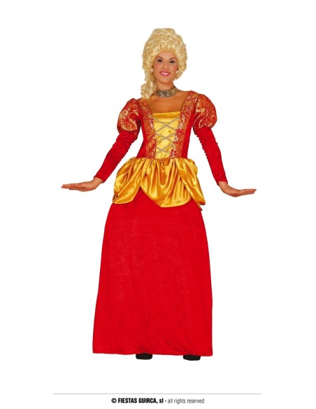 Costume da nobildonna epoca con abito rosso oro e parrucca bionda riccia per feste storiche
