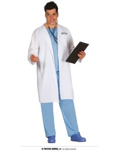 Costume dottore uomo con camice bianco, pantaloni azzurri e stetoscopio per feste a tema professioni