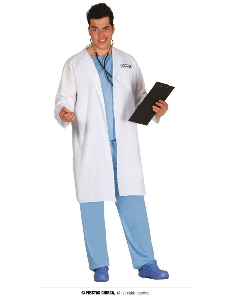 Costume dottore uomo con camice bianco, pantaloni azzurri e stetoscopio per feste a tema professioni