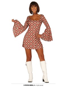Costume donna anni 70 vestito corto motivo rombi rossi maniche campana stivali bianchi