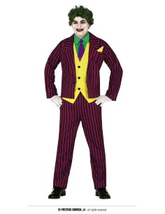 Costume Joker viola con giacca gessata, pantaloni coordinati e gilet giallo per travestimento uomo Halloween