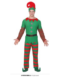 Costume da elfo natalizio verde e rosso con cappello a punta, tunica, pantaloni rigati e cintura