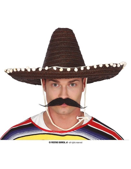 Sombrero nero con pon pon bianchi e baffi finti per costume messicano mariachi