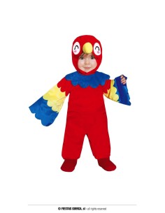 Costume neonato pappagallo rosso multicolore con ali azzurre gialle e cappuccio con becco per bambini 12-18 mesi