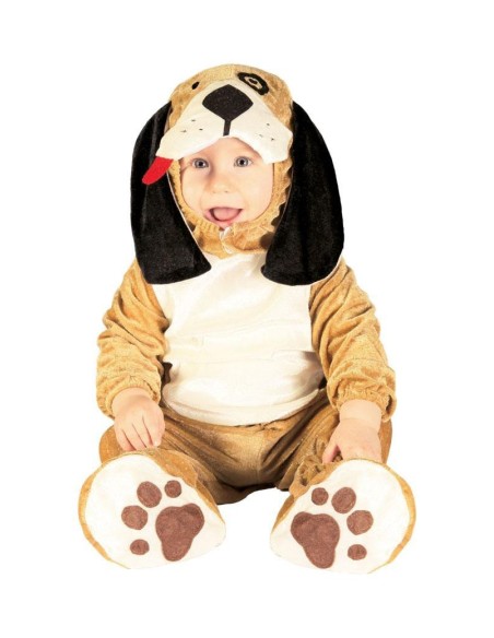 Costume da cagnolino beige e marrone per neonato con orecchie pendenti e zampette stampate sui piedini