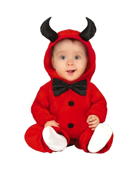 Costume diavoletto rosso per neonato con cappuccio cornetti neri e papillon Halloween