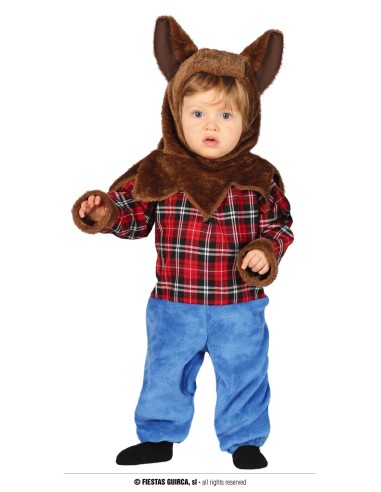 Costume lupo mannaro baby con cappuccio marrone, camicia quadri rossa e pantaloni azzurri per bambini 18-24 mesi