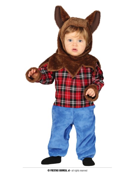 Costume lupo mannaro baby con cappuccio marrone, camicia quadri rossa e pantaloni azzurri per bambini 18-24 mesi