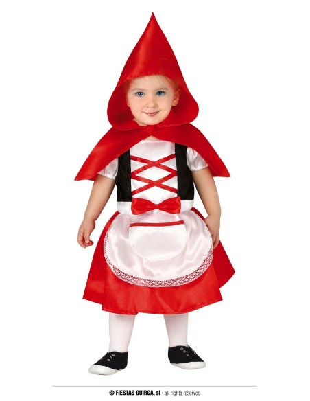 Costume Cappuccetto Rosso neonato con abito rosso bianco nero e mantello con cappuccio per Carnevale