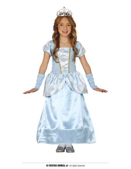 Costume principessa azzurro con corona dorata e guanti per bambina feste Carnevale