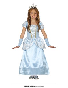 Costume principessa azzurra bambina con vestito lungo, corona dorata e guanti bianchi per feste a tema