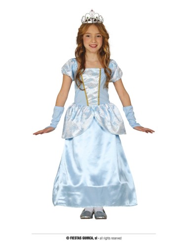 Costume principessa azzurra bambina con vestito lungo, corona dorata e guanti bianchi per feste a tema