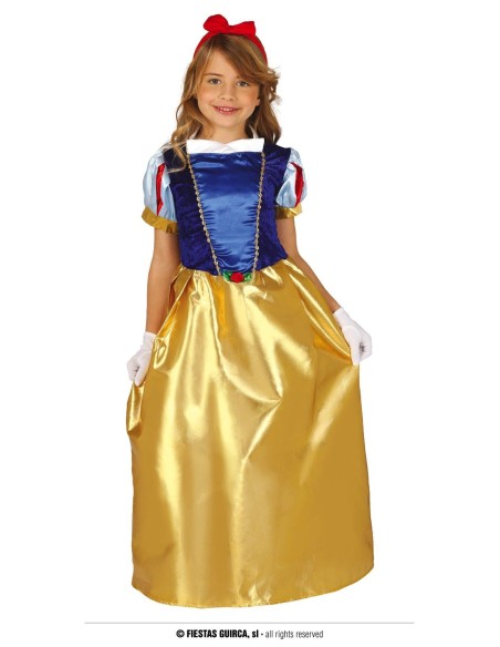 Costume Biancaneve bambina con corsetto blu, gonna dorata e maniche colorate per Carnevale