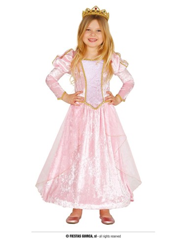 Costume principessa rosa bambina con gonna lunga, maniche lunghe e corona dorata per feste Carnevale