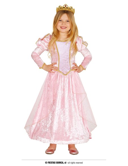 Costume principessa rosa bambina con gonna lunga, maniche lunghe e corona dorata per feste Carnevale