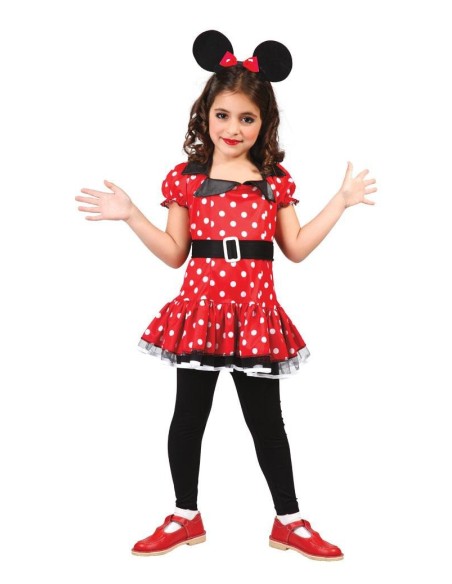 Costume Minnie Mouse bambina rosso a pois con orecchie nere e vestito con gonna a balze