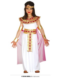 Costume da regina egiziana bambina bianco con decorazioni dorate rosse e rosa accessori inclusi