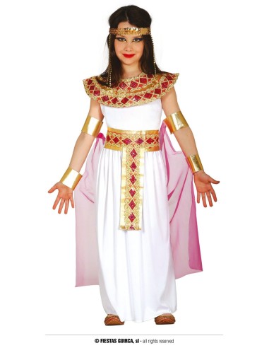 Costume principessa egizia bambina tunica bianca oro mantello rosa tiara bracciali