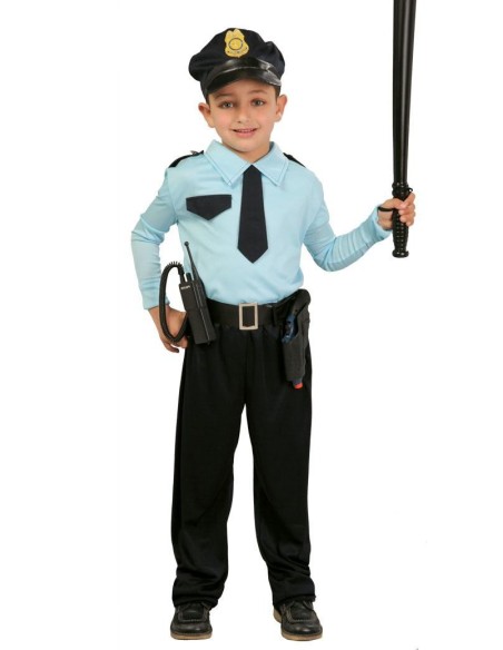 Bambino in costume da poliziotto con cappello, camicia azzurra, cravatta e manganello per feste a tema