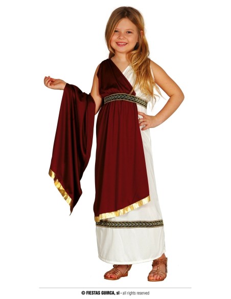 Costume romana bambina con tunica bianca e mantello bordeaux decorazioni dorate per feste storiche