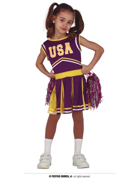 Costume cheerleader viola e giallo con pompon per bambina, completo USA con gonna plissettata