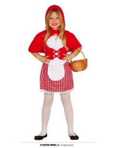 Costume Cappuccetto Rosso bambina con mantello rosso, vestito bianco e grembiule quadretti