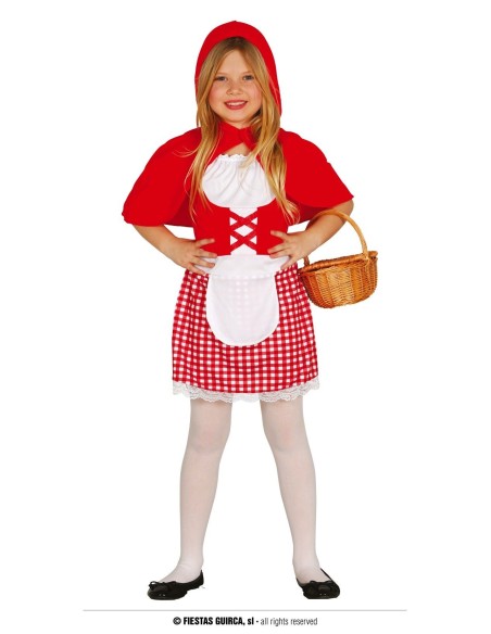 Bambina con costume Cappuccetto Rosso mantello rosso grembiule quadretti cestino vimini