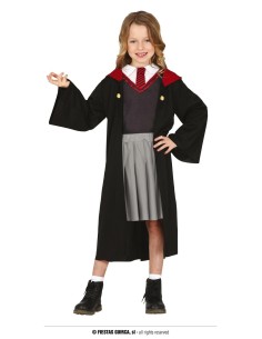 Costume Hermione Granger con tunica nera, gonna grigia e cravatta Grifondoro per bambina