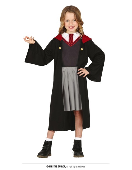 Costume Hermione Granger con tunica nera, gonna grigia e cravatta Grifondoro per bambina