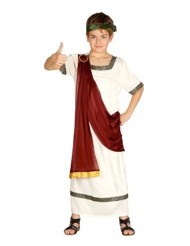 Bambino indossa costume toga romana bianca con mantello rosso e corona alloro dorata