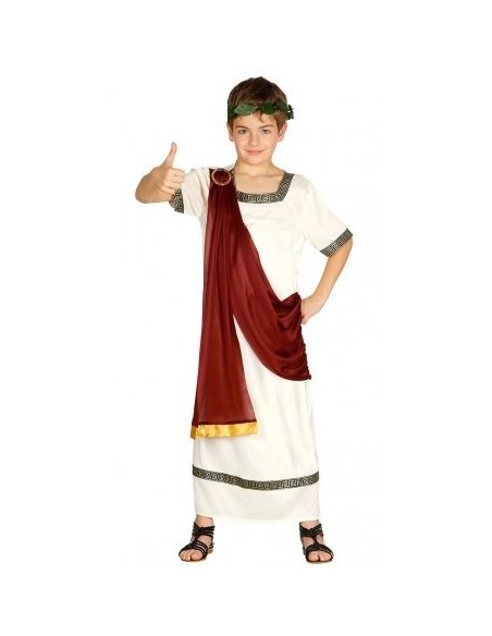 Bambino indossa costume toga romana bianca con mantello rosso e corona alloro dorata