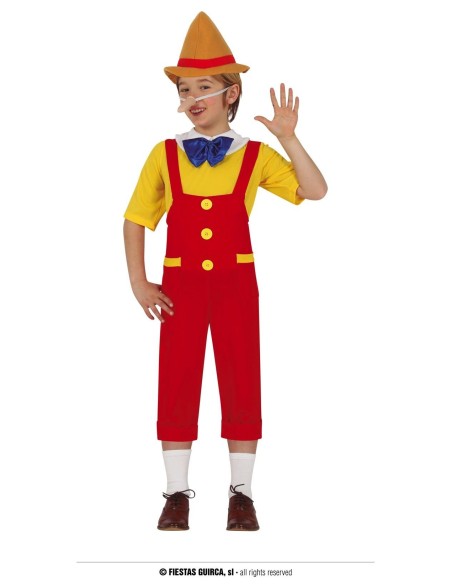 Costume Pinocchio bambino con salopette rossa, camicia gialla e cappello a punta per Carnevale