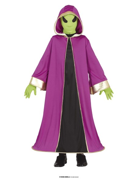 Costume alieno bambino con mantello viola, maschera verde e tunica nera per feste Halloween