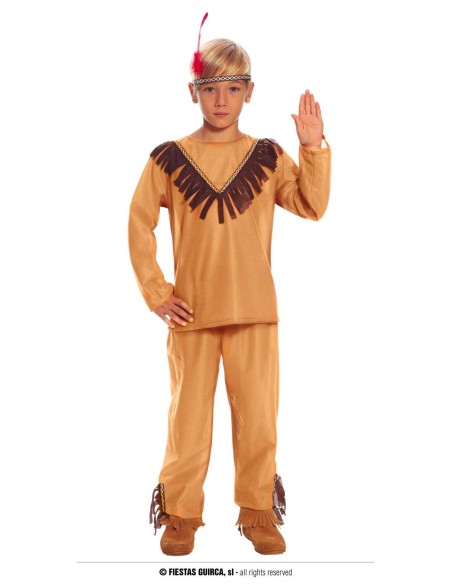 Costume da indiano bambino con tunica marrone, pantaloni e fascia con piuma per feste a tema