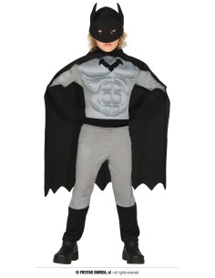 Costume Batman bambino grigio e nero con mantello, maschera e simbolo pipistrello per Carnevale