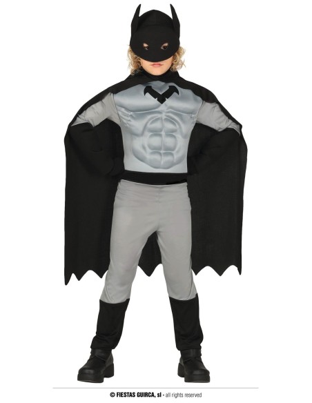Costume Batman bambino grigio e nero con mantello, maschera e simbolo pipistrello per Carnevale