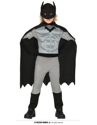 Costume Batman muscoloso grigio e nero con mantello e maschera per bambino