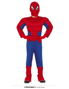 Costume Spiderman muscoloso bambino rosso blu con maschera e dettagli ragnatela per travestimenti supereroi