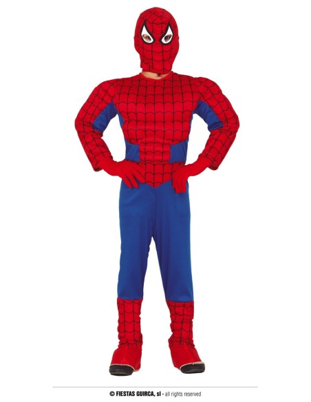 Costume Spiderman muscoloso bambino rosso blu con maschera e dettagli ragnatela per travestimenti supereroi