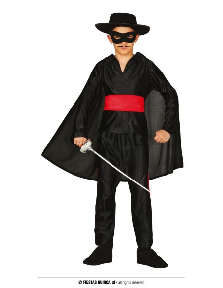 Costume Zorro bambino con mantello nero, cappello, maschera e cintura rossa per feste e Carnevale