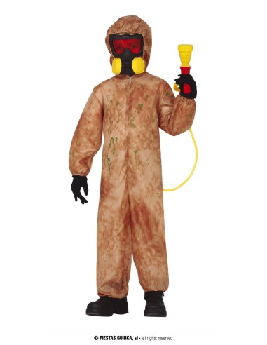 Costume bambino chimico zombie con tuta protettiva marrone e maschera antigas gialla per Halloween