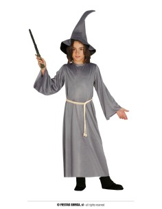 Bambino con costume da stregone grigio completo di tunica, cappello a punta e bacchetta magica