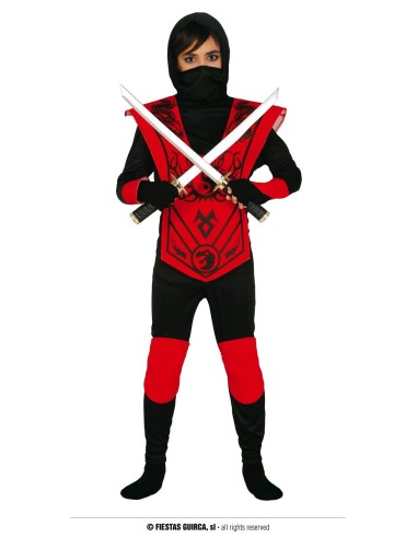 Costume ninja rosso e nero per bambino con maschera e due spade in plastica incrociate sul petto